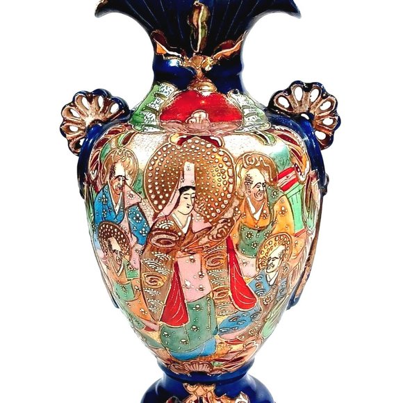 Antique Famille Immortals Japanese Satsuma Moriage Cobalt Blue Vase 12" Vintage - Picture 2 of 9